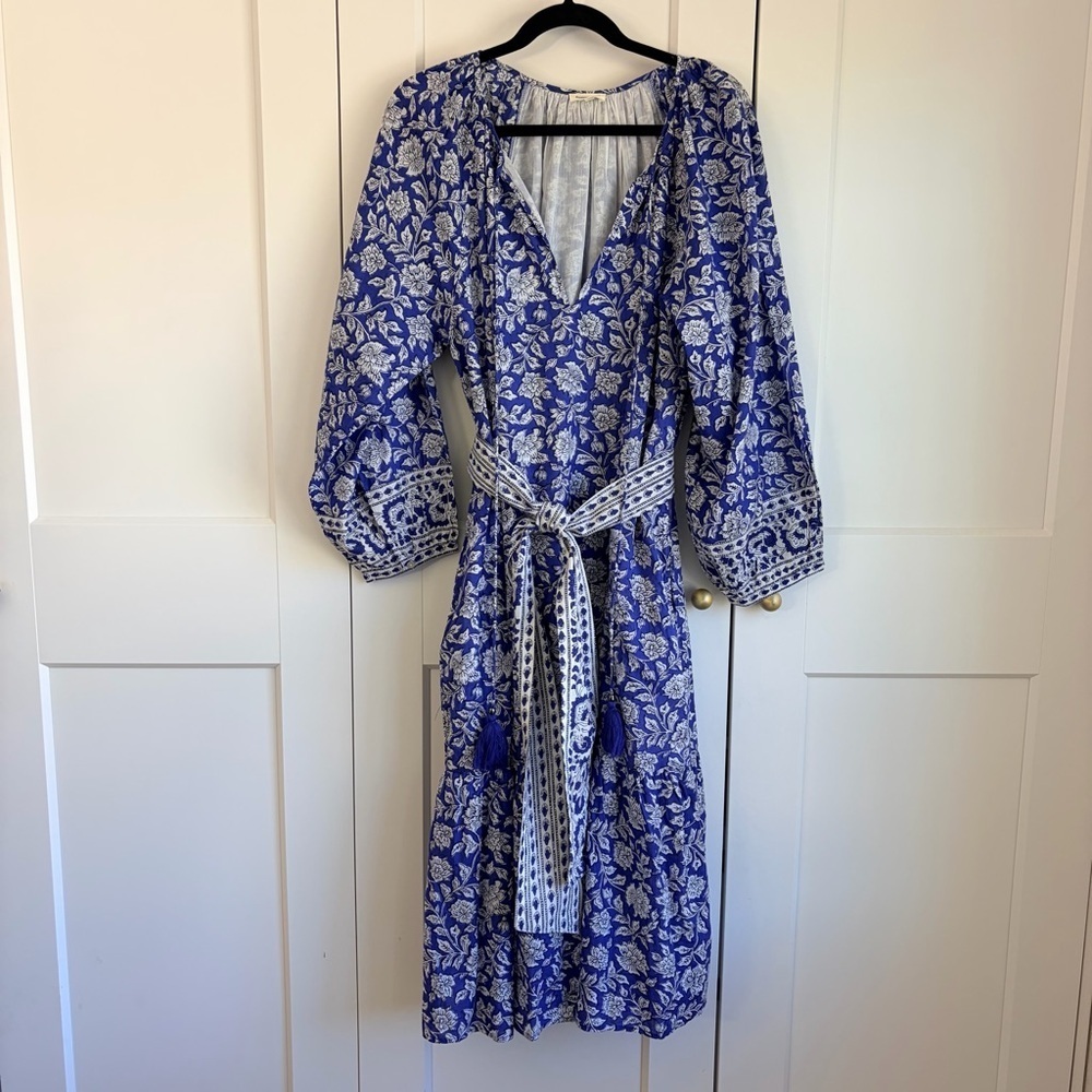 Pomegranate Blue Floral Midi Dress with Belt | S